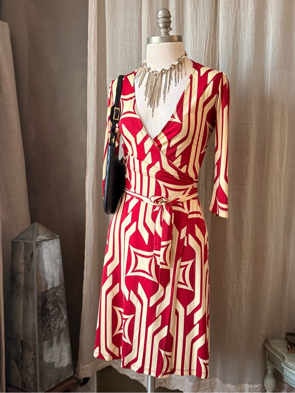 True vintage y2k Karen Robertson Red & Cream Wrap Geometric Midi Dress dvf